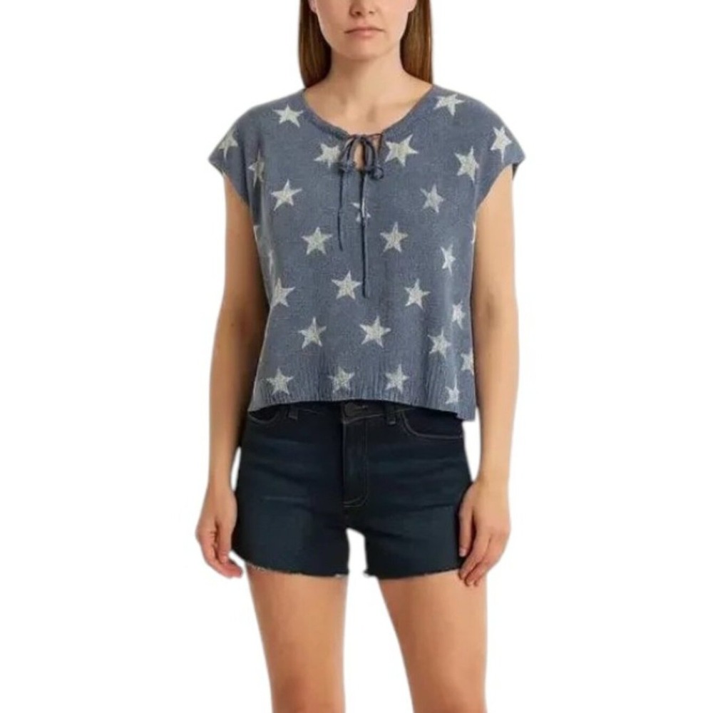 Denim & Supply Ralph Lauren Star Print Tie Neck Knit Top Womens M Blue Cotton